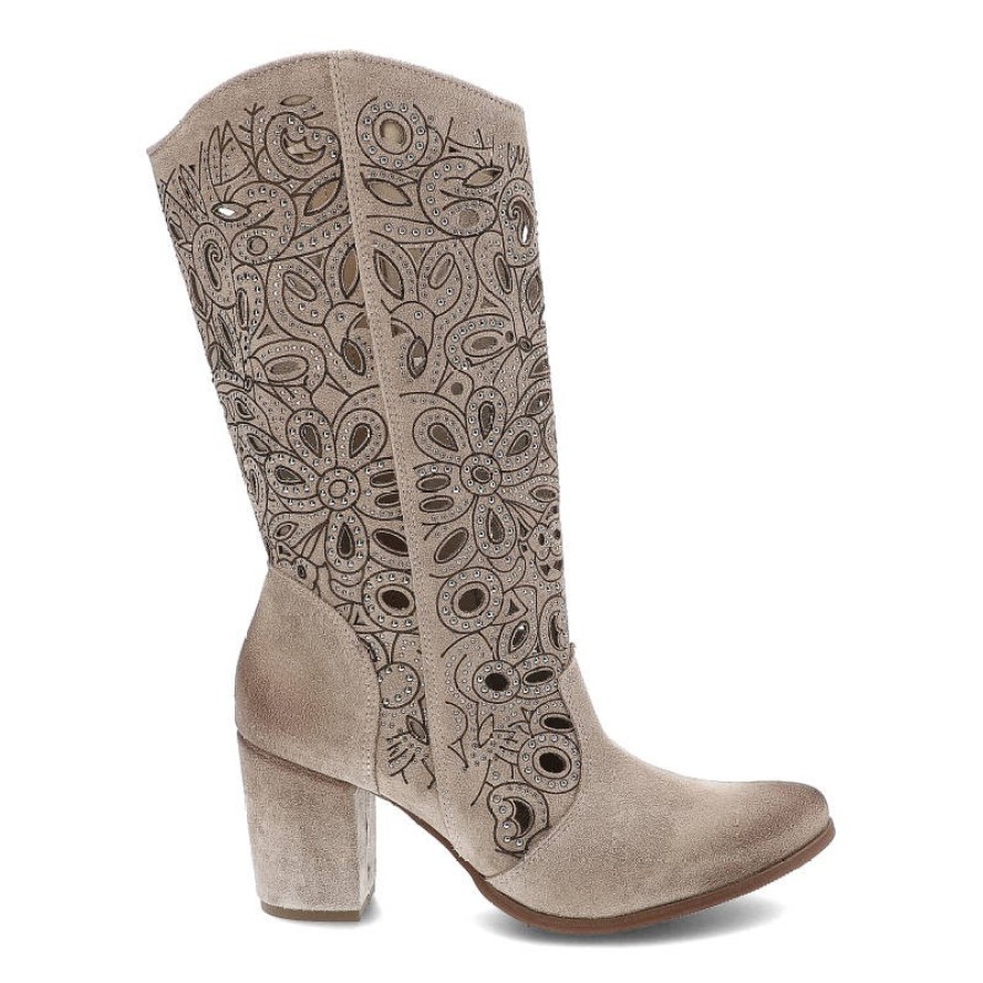 Kowbojki damskie Exquisite, ażurowa cholewka z dekoracyjnym wycinaniem naturalna faktura materiału stabilny obcas, sahara, 1289