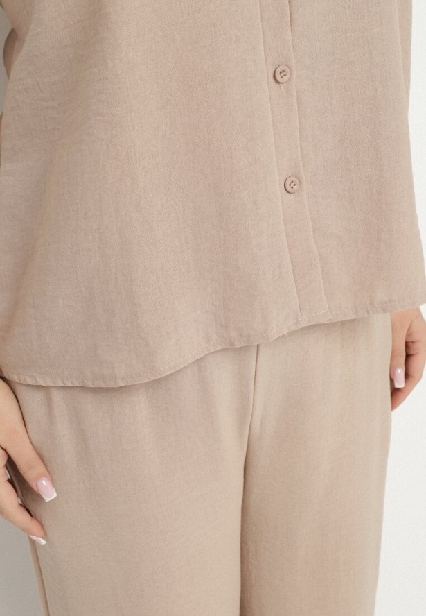 Ciemnobeżowy Komplet Koszula bez Rękawów i Szerokie Spodnie z Gumką w Pasie Telanwena