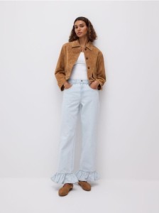 Jeansy wide leg z falbankami - niebieski