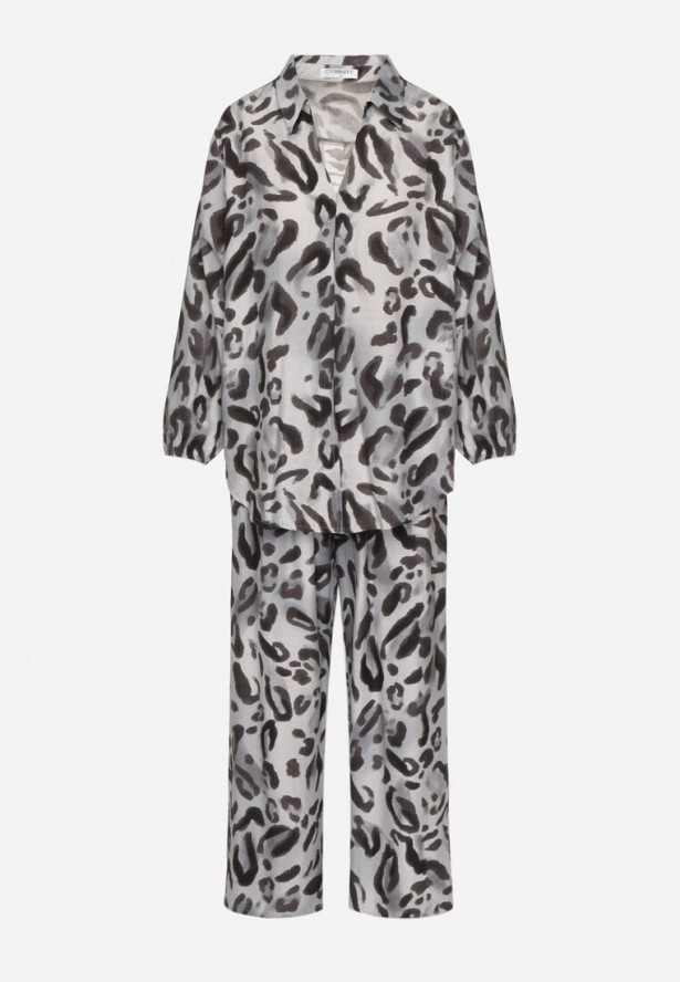Szary Panterkowy Komplet z Wiskozą Koszula z Dłuższym Tyłem i Szerokie Spodnie Evaln
