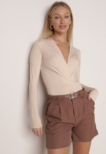 Brązowe Szorty Typu Bermudy z Paskiem i Prostokątną Klamrą Tinalora