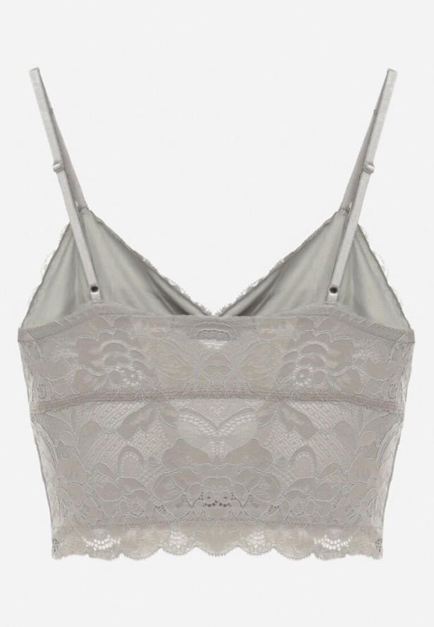 Jasnozielony Koronkowy Top na Ramiączkach z Dekoltem w Serek Pasmiriela