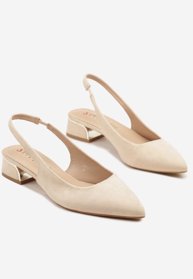 Beżowe Sandały Bez Pięty ze Skórzaną Wkładką i Metaliczną Aplikacją Weolira