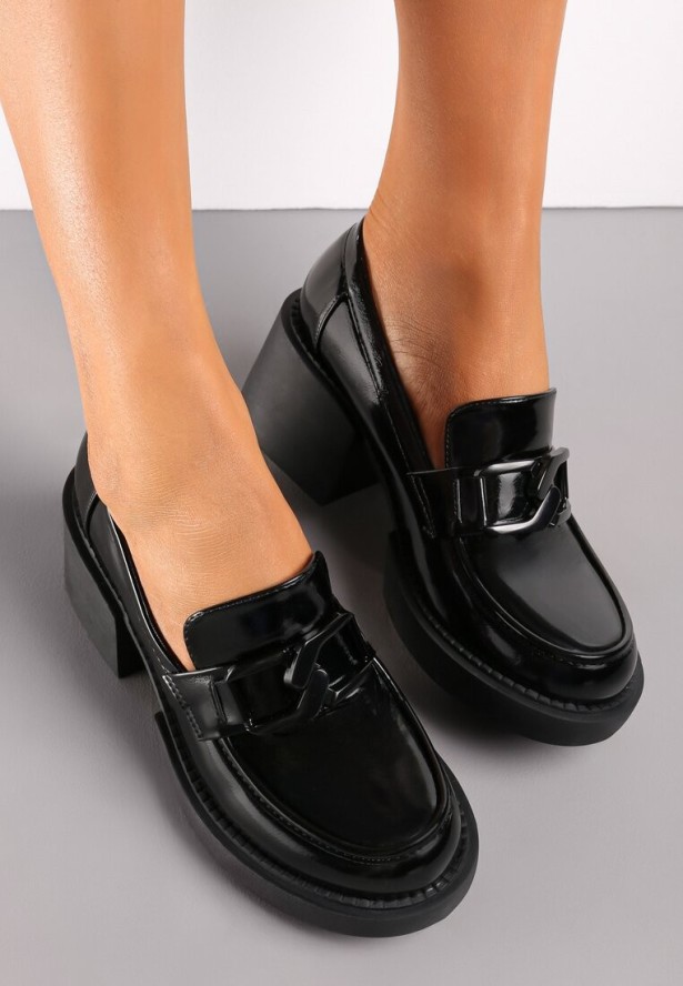 Czarne Półbuty Mokasyny na Szerokim Słupku ze Skórzaną Wkładką Muwani