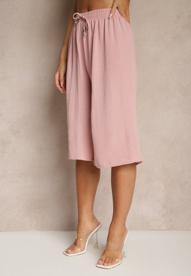 Różowe Spodnie Kuloty z Bawełną High Waist Azetia
