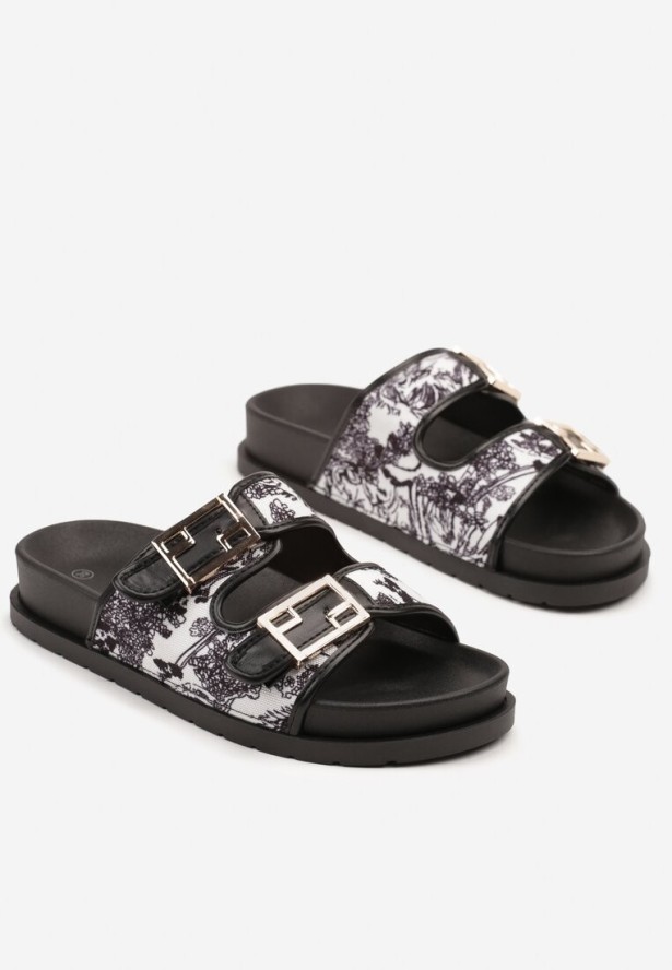 Czarno-Białe Casualowe Klapki z Paskami z Klamrami Redunise