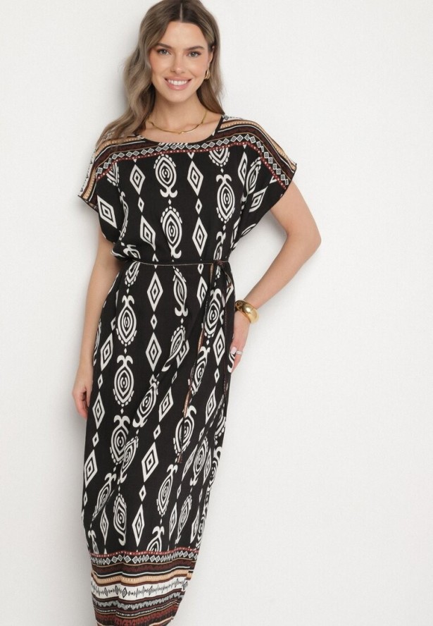 Czarna Pudełkowa Sukienka z Wiskozy w Etniczny Wzór Mirosela