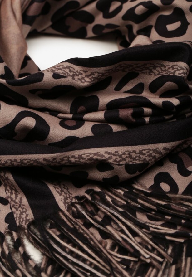 Ciemnobeżowy Wiskozowy Szalik Ozdobiony Frędzlami Siathara