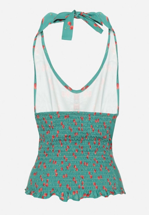 Zielona Bluzka z Odkrytymi Plecami i Wiązaniem Zdobiona Guzikami Tolanesse