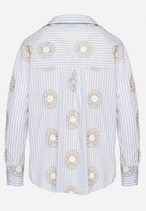 Jasnoniebieska Bawełniana Koszula w Paski Zdobiona Haftem z Metaliczną Nicią Redamia