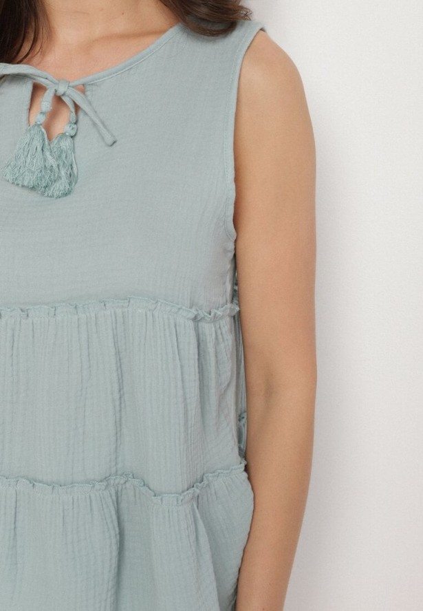 Jasnozielona Bawełniana Bluzka Muślinowa z Wiązaniem i Falbanami Ralania