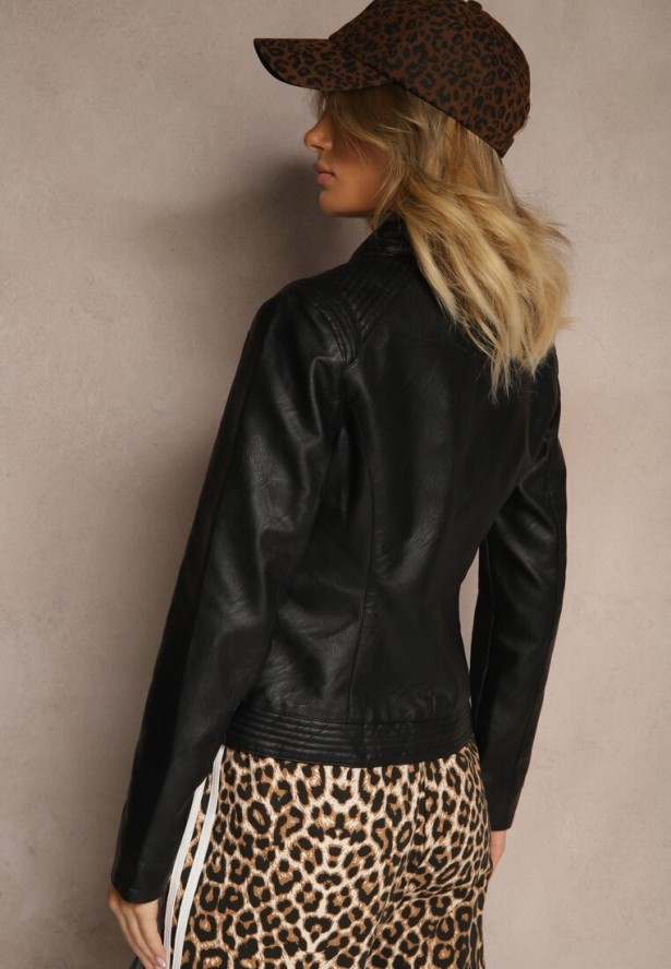 Czarna Kurtka Ramoneska o Taliowanym Motocyklowym Kroju ze Stójką Delorine