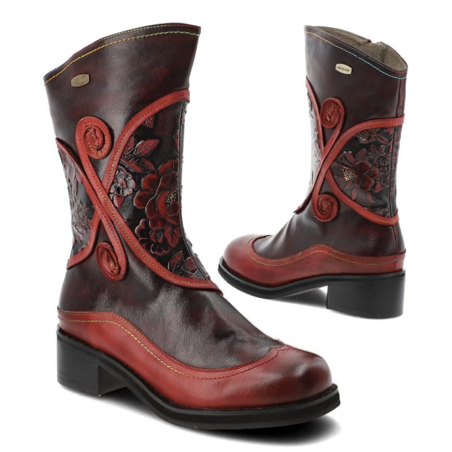 Kozaki damskie Laura Vita, wysoka cholewka ze skóry we wzory na płaskim obcasie, czerwone, SO2014-2