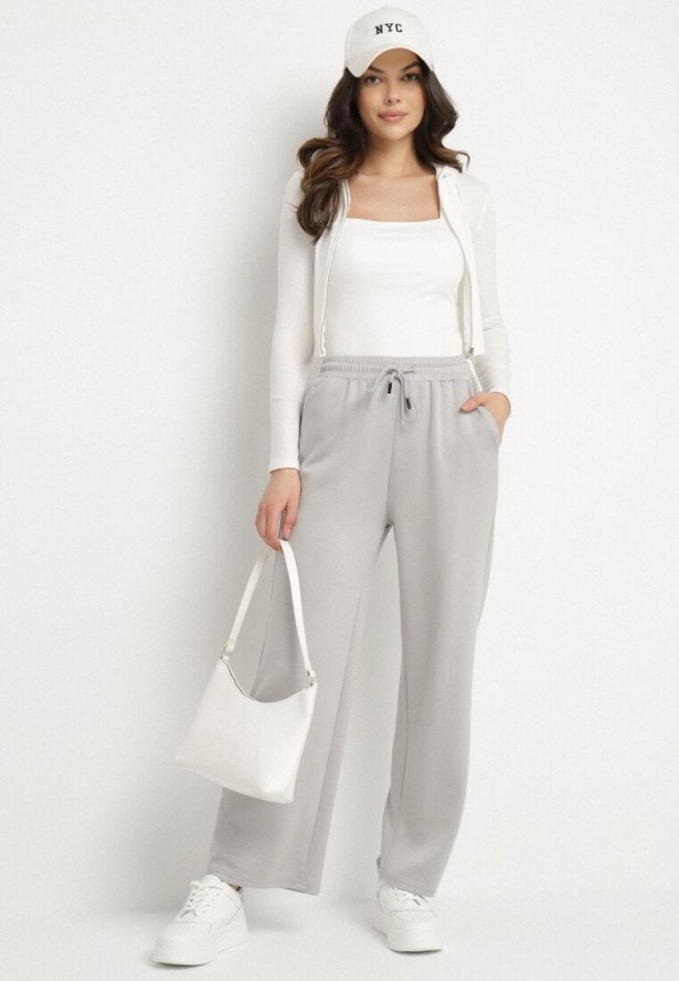 Szare Spodnie Dresowe Szerokie z Wiskozą Elaniris