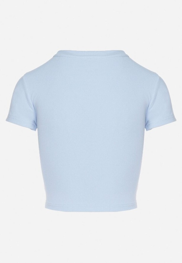 Jasnoniebieski T-shirt z Prążkowanego Materiału o Krótkim Kroju Telunna