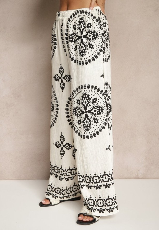 Beżowo-Czarny Komplet z Wiskozy w Ornamentalny Print Koszula i Szerokie Spodnie Pasniela