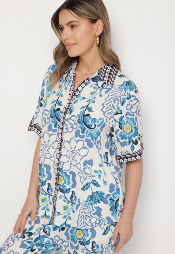 Niebieska Koszula z Wiskozy w Kwiatowy Wzór Milineira