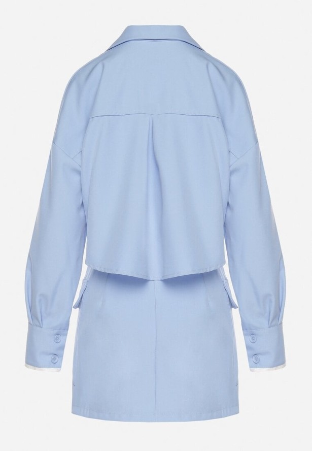 Niebieski Komplet Koszula i Spódnica z Imitacją Kieszeni Zensedi