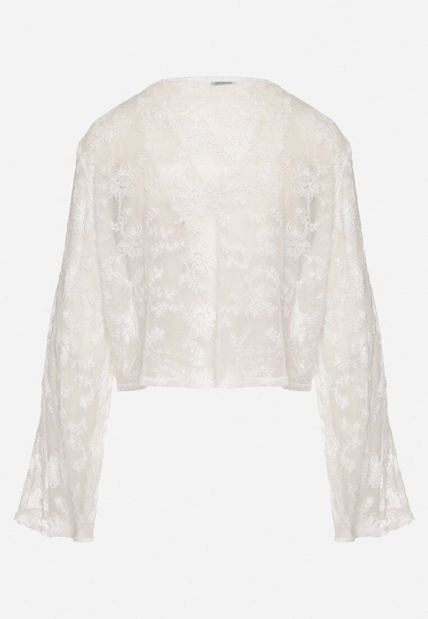 Biała Bluzka z Bawełną Ozdobiona Wiązaniem z Koronką Minoma