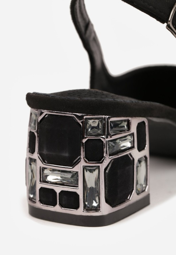 Czarne Sandały na Zdobionym Obcasie Vices Bez Pięty ze Skórzaną Wkładką z Eranielis