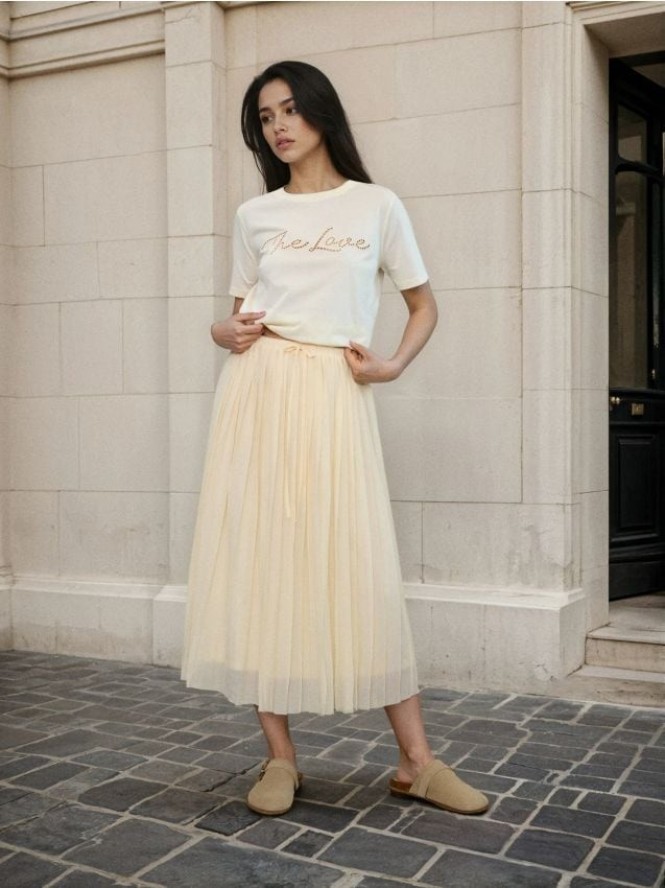 Plisowana spódnica midi z wiązaniem w pasie - żółty