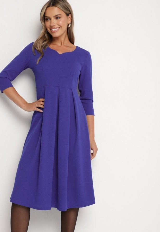 Fioletowa Rozkloszowana Sukienka z Rękawem 3/4 Nomiel