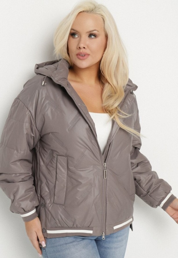 Ciemnoszara Kurtka Pikowana z Odpinanym Kapturem i Ozdobnymi Ściągaczami Dorseli