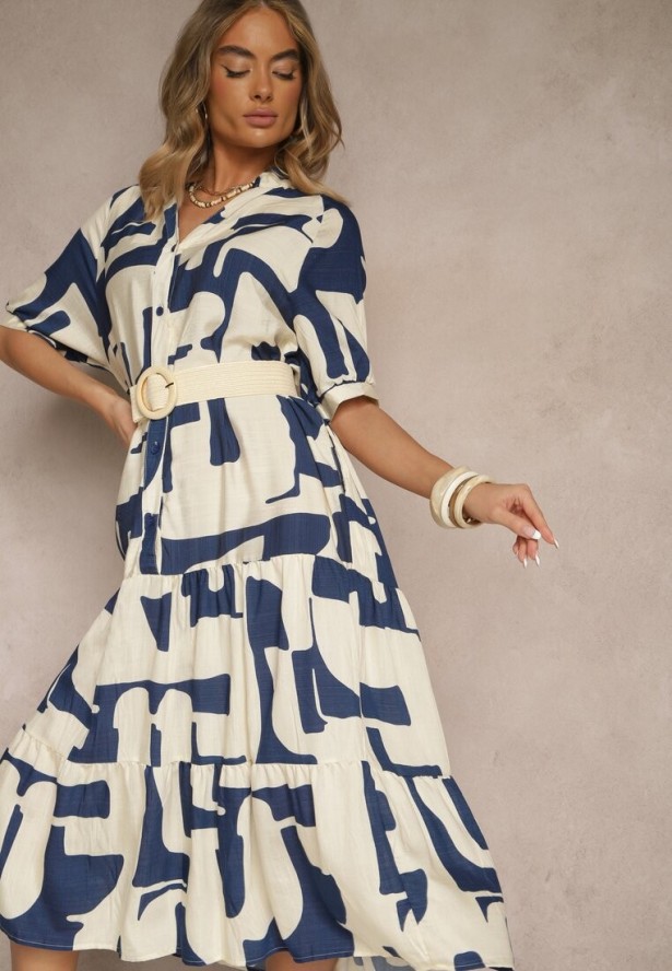 Granatowa Sukienka z Wiskozy Ozdobiona Geometrycznym Motywem Filorea