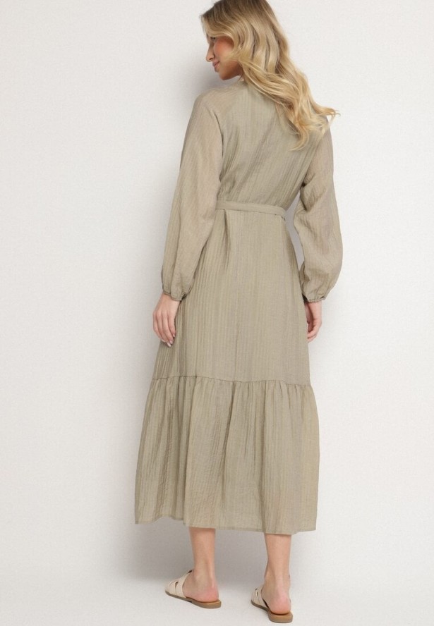 Ciemnozielona Wiskozowa Sukienka Koszulowa o Rozkloszowanym Kroju Wiązana w Talii Frollio