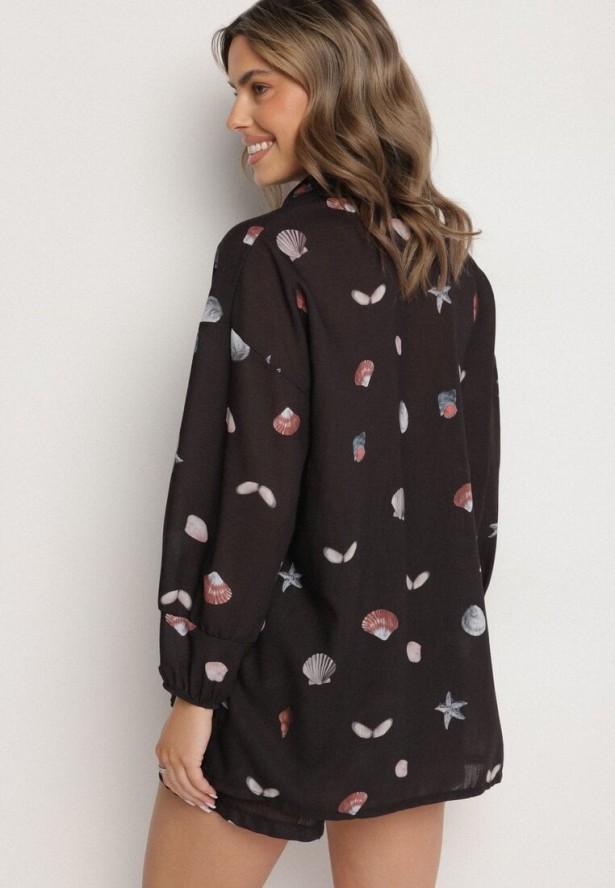 Czarny Komplet z Wiskozą Koszula i Szorty z Motywem Morskim Reivienne