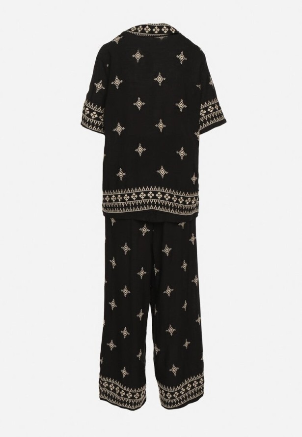 Czarny Komplet z Wiskozy Zdobiony Haftem Koszula i Spodnie Oversize Iffiselle