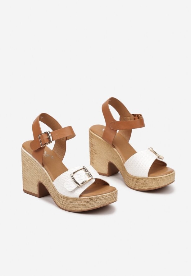 Białe Sandały z Klamrami z Plecioną Wstawką na Obcasie i Platformie Merssa