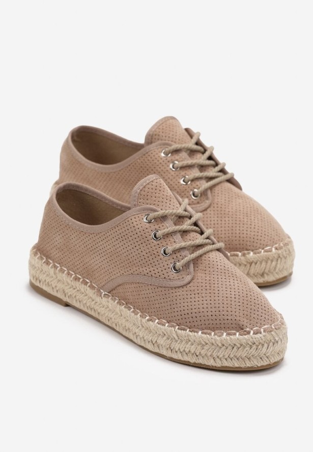 Ciemnobeżowe Tenisówki na Plecionej Podeszwie Zdobione Perforacją Zolavira