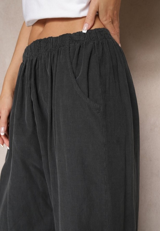 Ciemnoszare Bawełniane Spodnie High Waist o Szerokim Kroju Velili