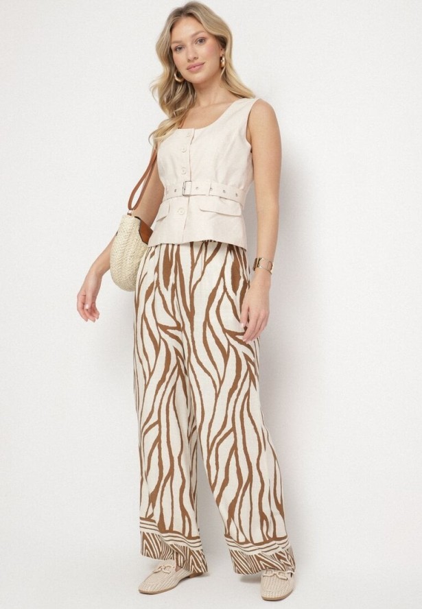 Brązowe Wiskozowe Spodnie z Lnem o Szerokim Kroju z Wysokim Stanem w Zebrę Fenelina