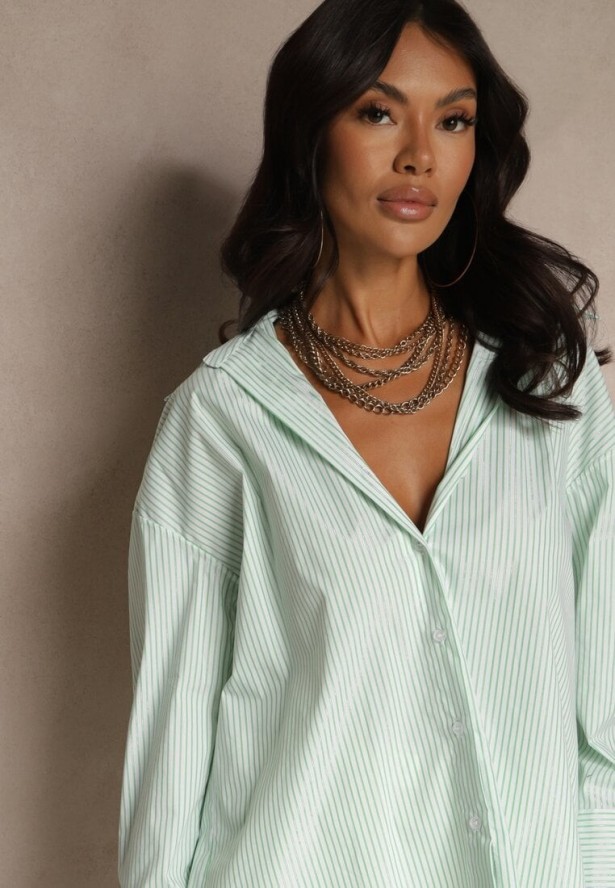 Zielona Koszula z Bawełny o Kroju Oversize w Paski z Metalicznymi Zdobieniami Pasenitia