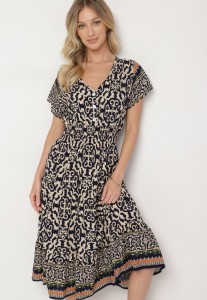 Granatowa Bawełniana Sukienka z Guzikami i Ornamentnym Wzorem Zisselle