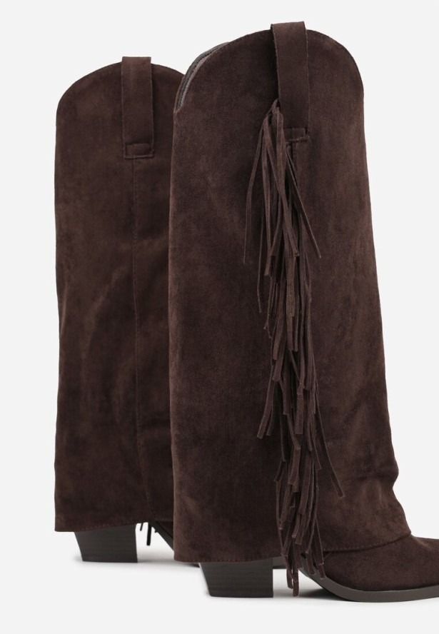 Ciemnobrązowe Kozaki Kowbojki na Stożku z Cholewką Imitującą Nogawkę z Frędzlami Monettea