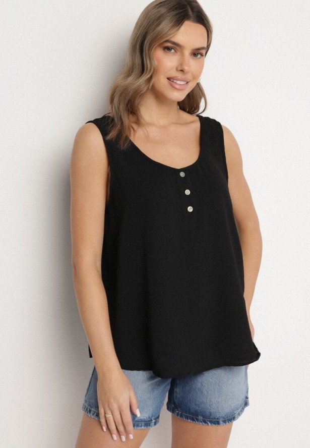 Czarny Top na Szerokich Ramiączkach Zdobiony Guzikami Jenadorea