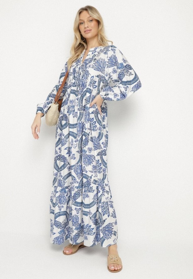 Niebieska Sukienka z Wiskozą o Rozkloszowanym Kroju z Wiązaniem w Roślinny Wzór Korivona