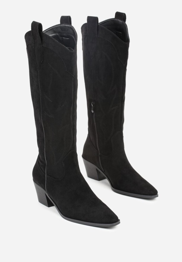 Czarne Kozaki Kowbojki na Stożku z Haftem na Cholewce Gallessa