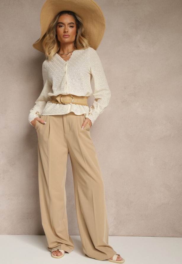 Jasnobeżowa Koszula Bawełniana o Ażurowym Wzorze Yorisia