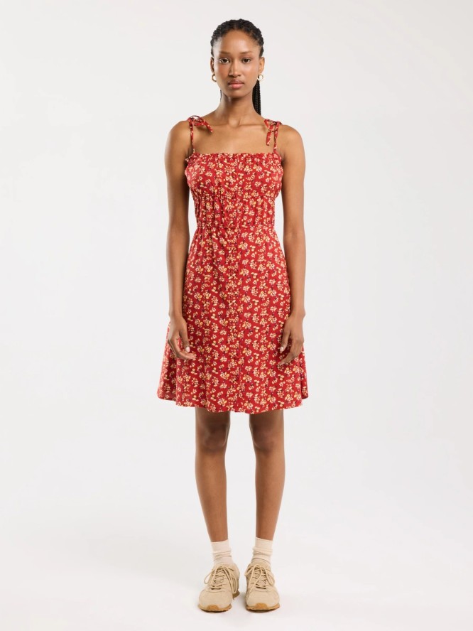 Sukienka damska mini z wiskozy z motywem kwiatowym czerwona Casie 603