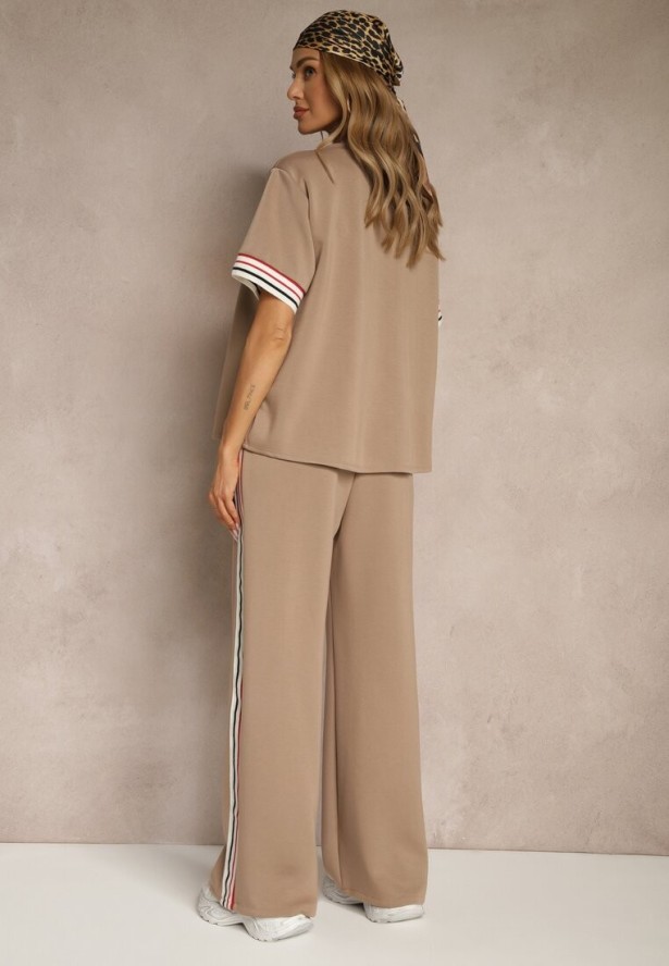 Beżowy Komplet z Wiskozą Bluzka Ozdobiona Paskami i Szerokie Spodnie Nilassea
