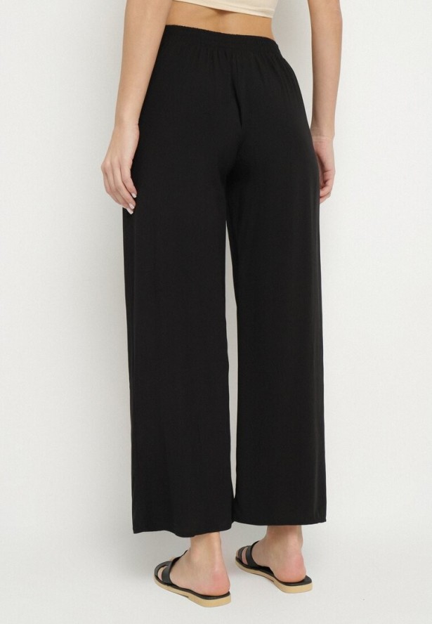 Czarne Wiskozowe Szerokie Spodnie z Wysokim Stanem Ozdobione Wiązaniem Lisozi