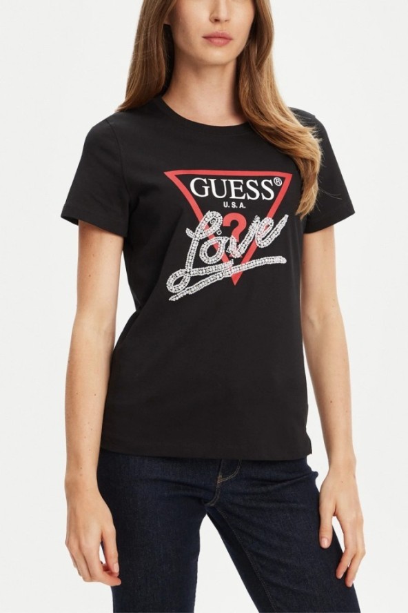 GUESS Czarny damski t-shirt Pearls Love, Rozmiar XL
