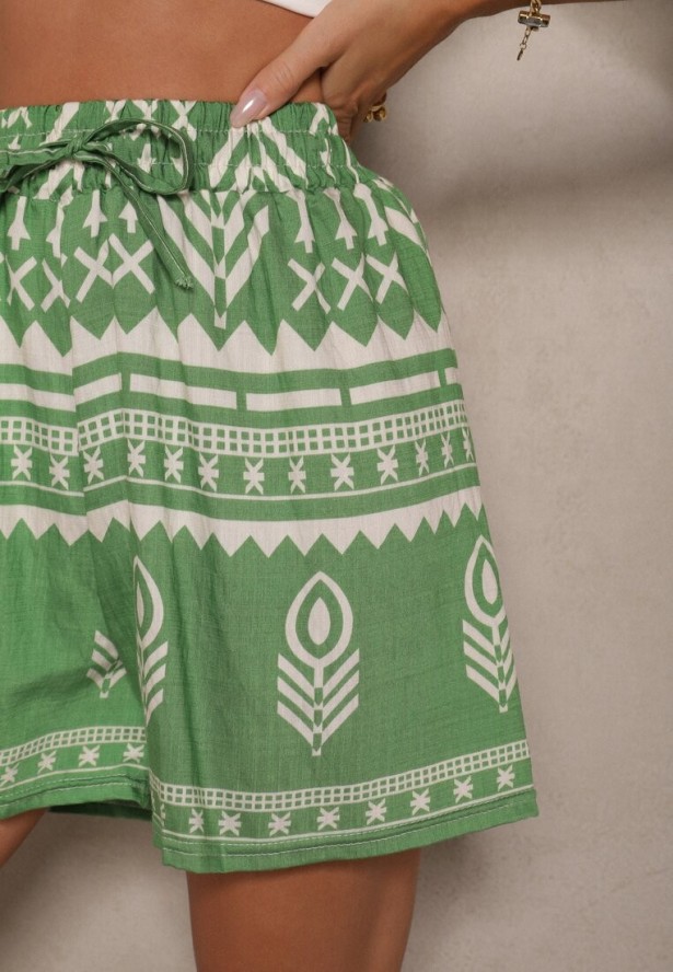 Zielone Wiskozowe Szorty High Waist ze Wzorem Boho Lunadora