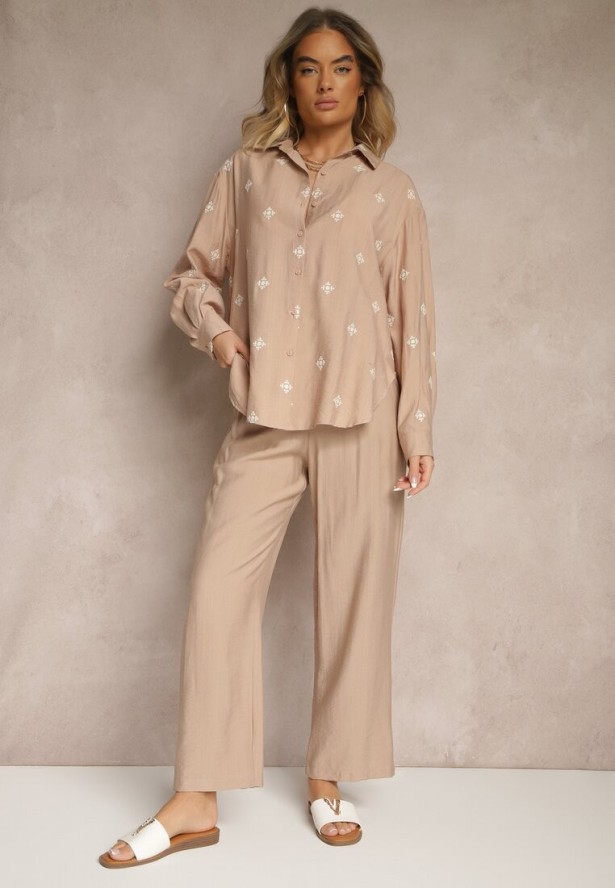 Ciemnobeżowy Wiskozowy Komplet Oversize Zdobiony Haftem Koszula i Spodnie Sadrianae