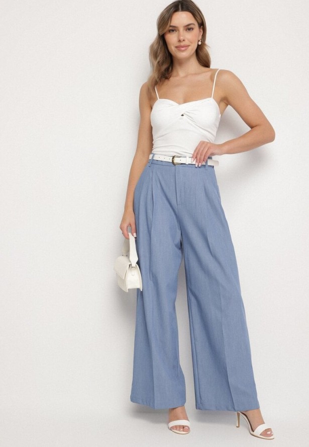 Niebieskie Szerokie Spodnie Garniturowe z Wiskozą Zdobione Zakładkami Galomira