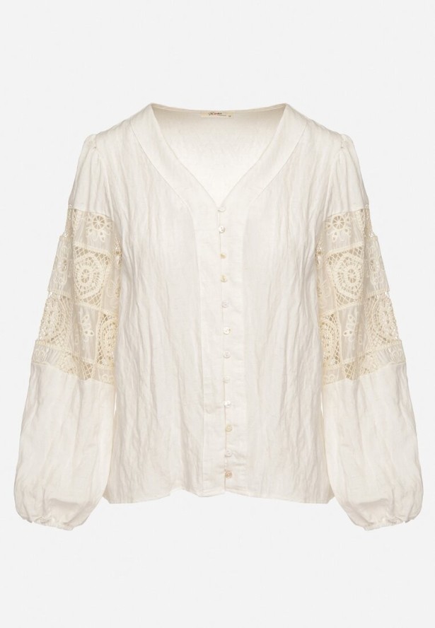 Beżowa Bawełniana Koszula z Bufiastymi Rękawami z Haftem i Koronką Meledis